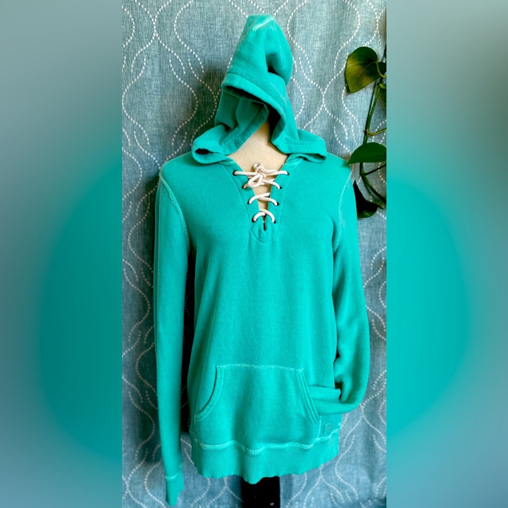 American Eagle Teal Crisscross V-Neck Hooded Sweater